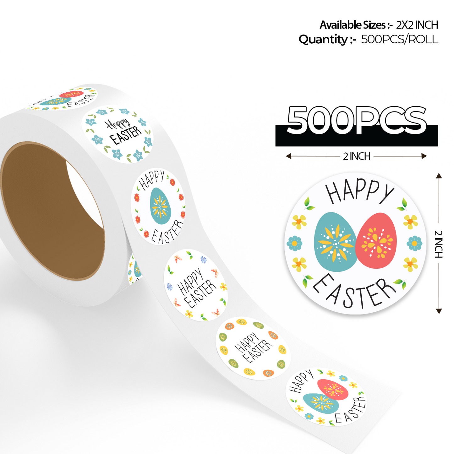 Assorted Happy Easter Floral Eggs Design Easter stickers roll 500 pieces per roll 2x2 inch size showing teal and red decorated eggs with colorful daisy flower border round label on white background