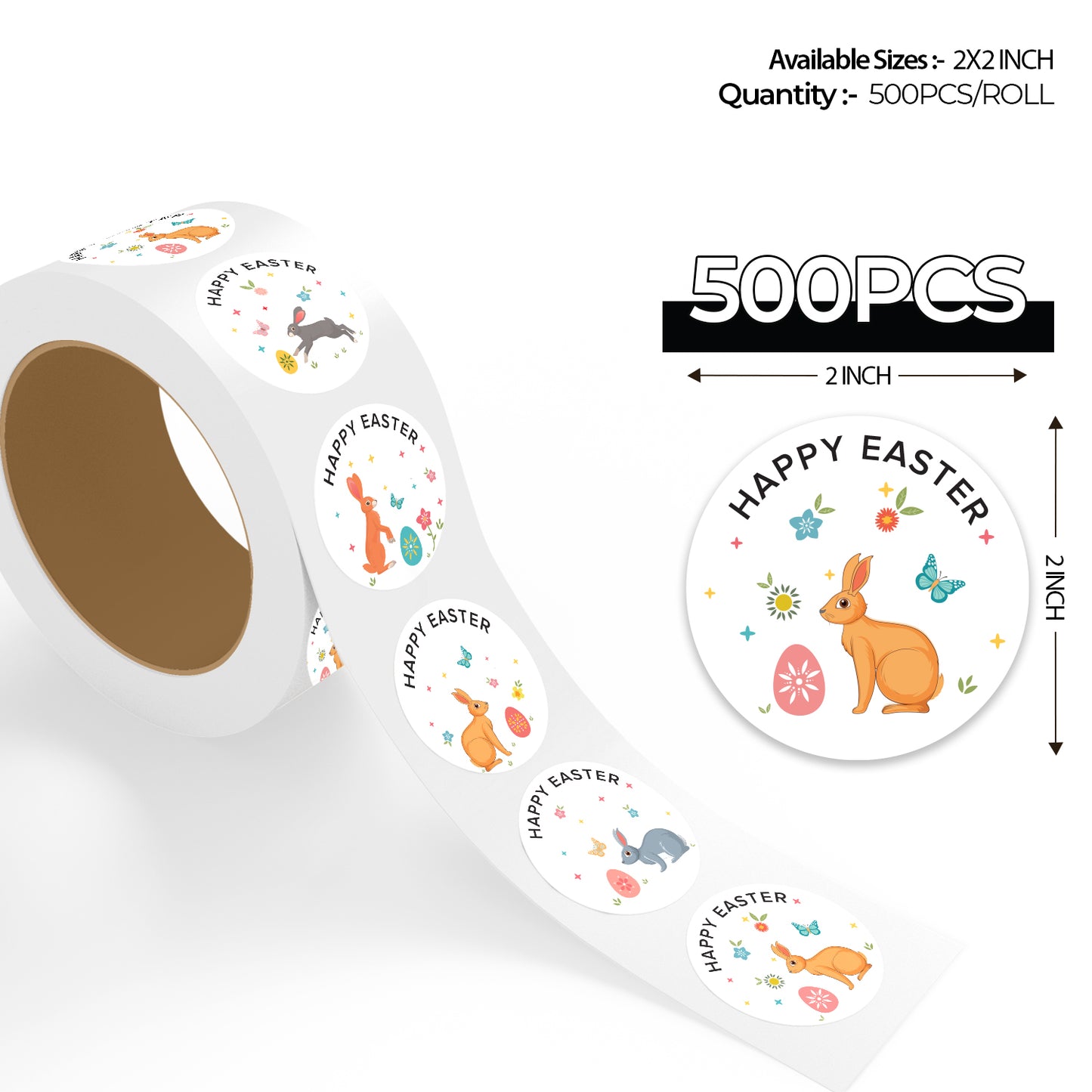 "500pcs assorted Happy Easter bunny design stickers, 2x2 inch per roll, displayed with size dimensions and enlarged sticker preview."