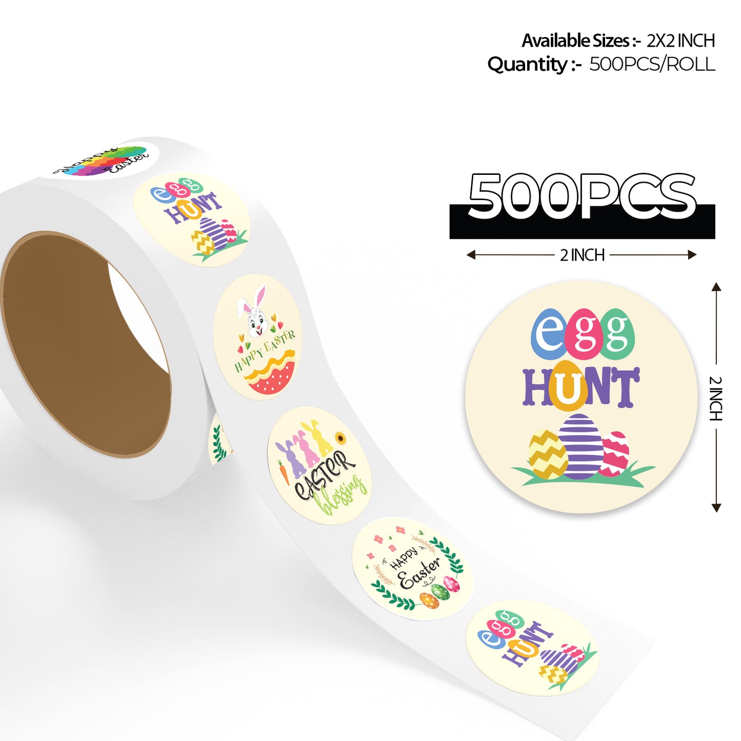 Assorted Happy Easter Egg Hunt Design Easter stickers roll 500 pieces per roll 2x2 inch size showing bold multicolor egg hunt text with striped and zigzag Easter eggs on cream background