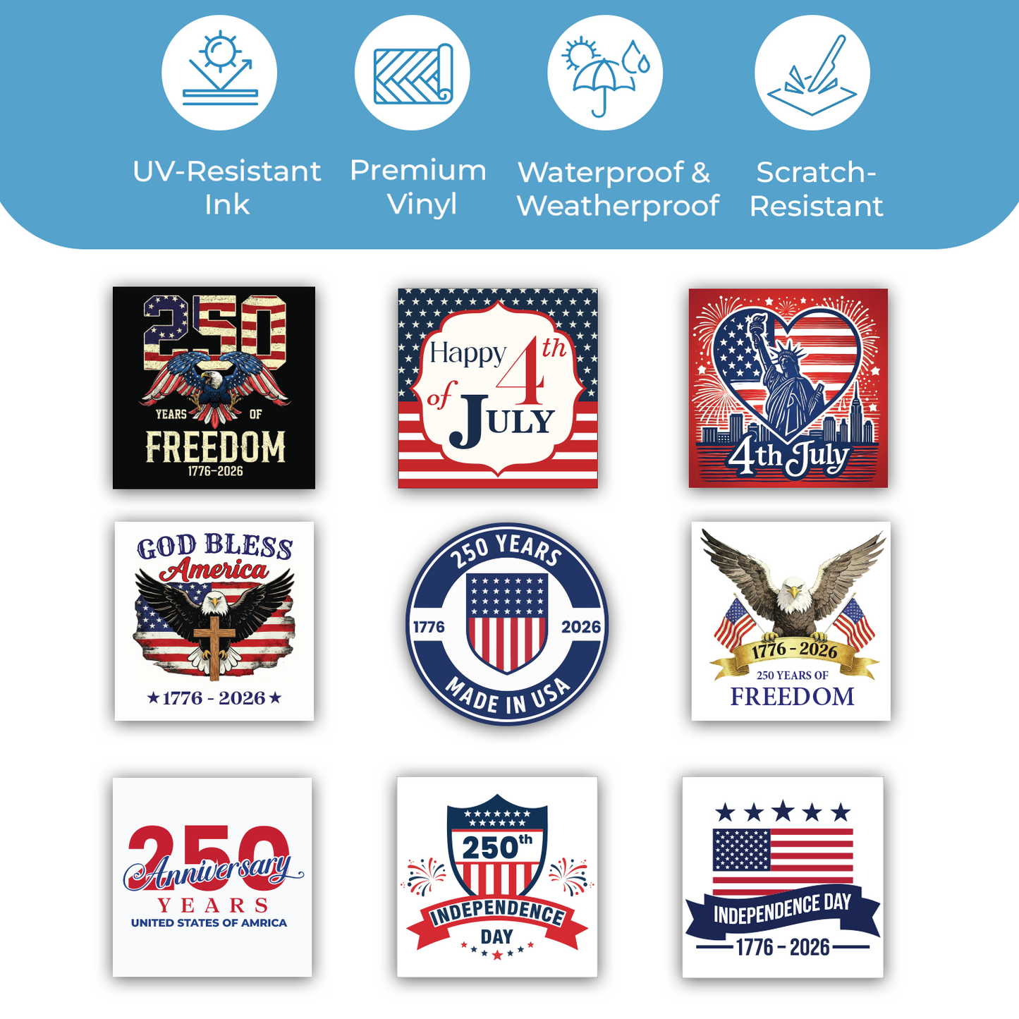 usa 250th anniversary stickers collection featuring 9 patriotic designs including 250 years of freedom happy 4th of july statue of liberty god bless america made in usa badge bald eagle 250 anniversary years and independence day 1776 2026 printed with uv resistant ink premium vinyl waterproof and scratch resistant materials