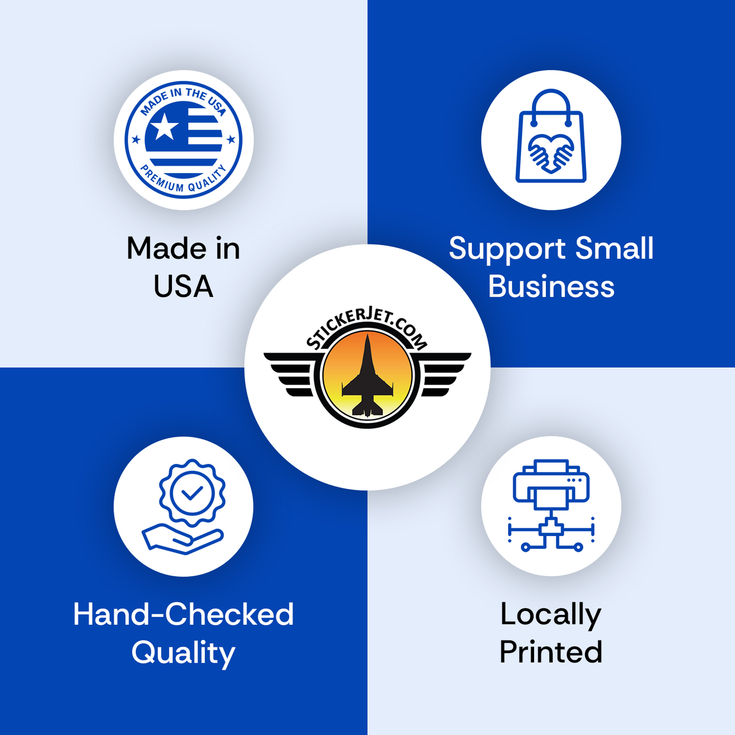 Slickerjet branding with icons and text on a blue and white background