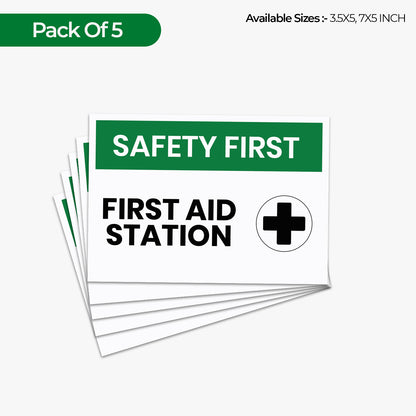 StickerJet First Aid Station 3.5""x5"" and 5""x7"" Workplace Stickers - Pack of 5 Individually Cut Rectangle Premium Vinyl Decals, Waterproof, Weatherproof, Scratch-proof, UV resistant