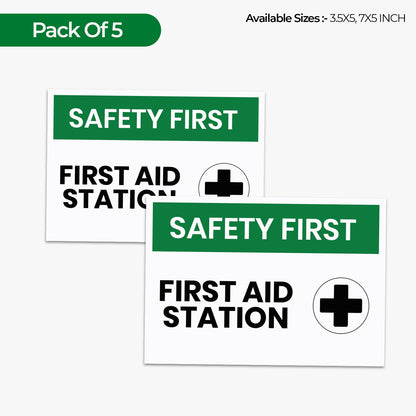 StickerJet First Aid Station 3.5""x5"" and 5""x7"" Workplace Stickers - Pack of 5 Individually Cut Rectangle Premium Vinyl Decals, Waterproof, Weatherproof, Scratch-proof, UV resistant