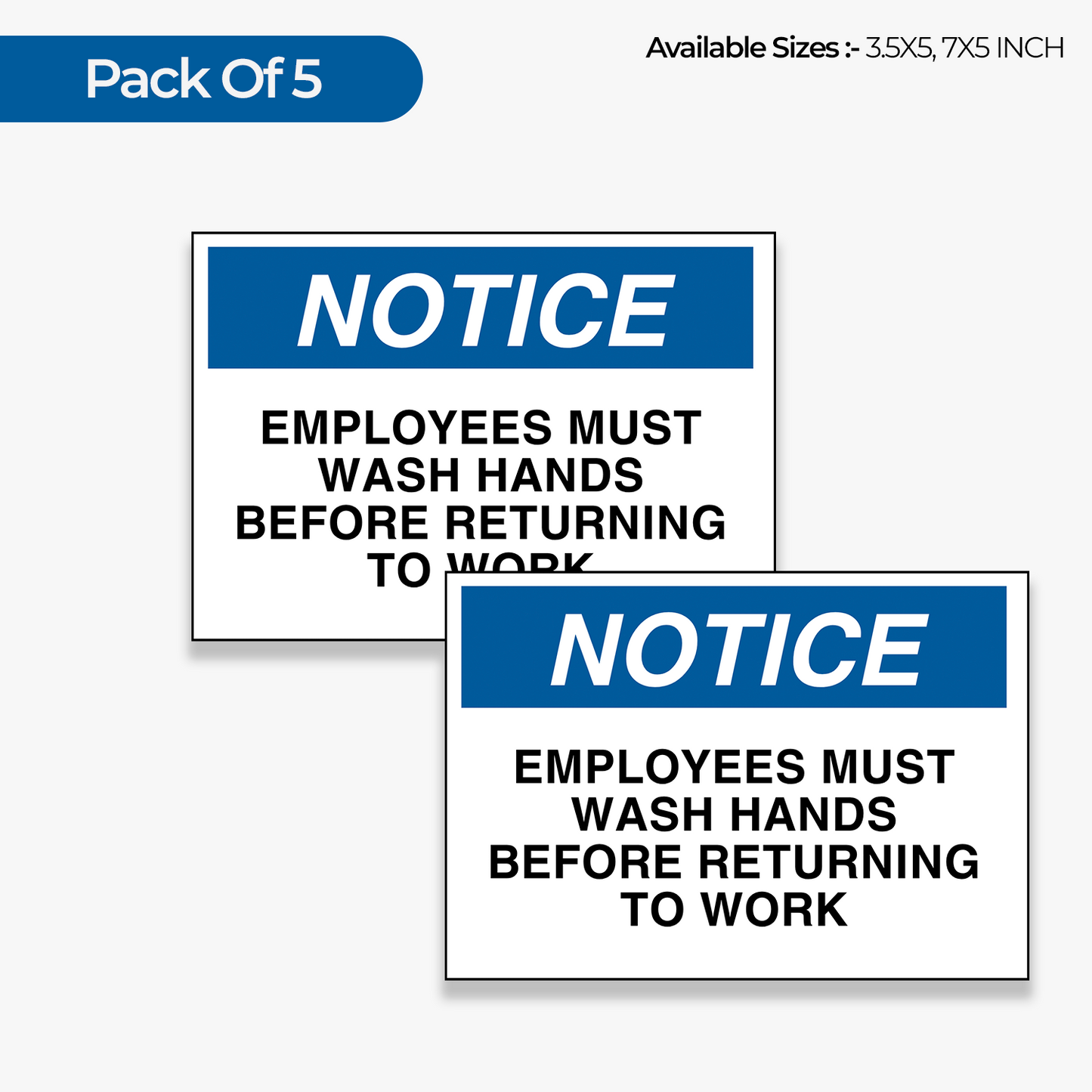 StickerJet Employees Must Wash Hands 3.5""x5"" and 5""x7"" Workplace Stickers - Pack of 5 Individually Cut Rectangle Premium Vinyl Decals, Waterproof, Weatherproof, Scratch-proof, UV resistant