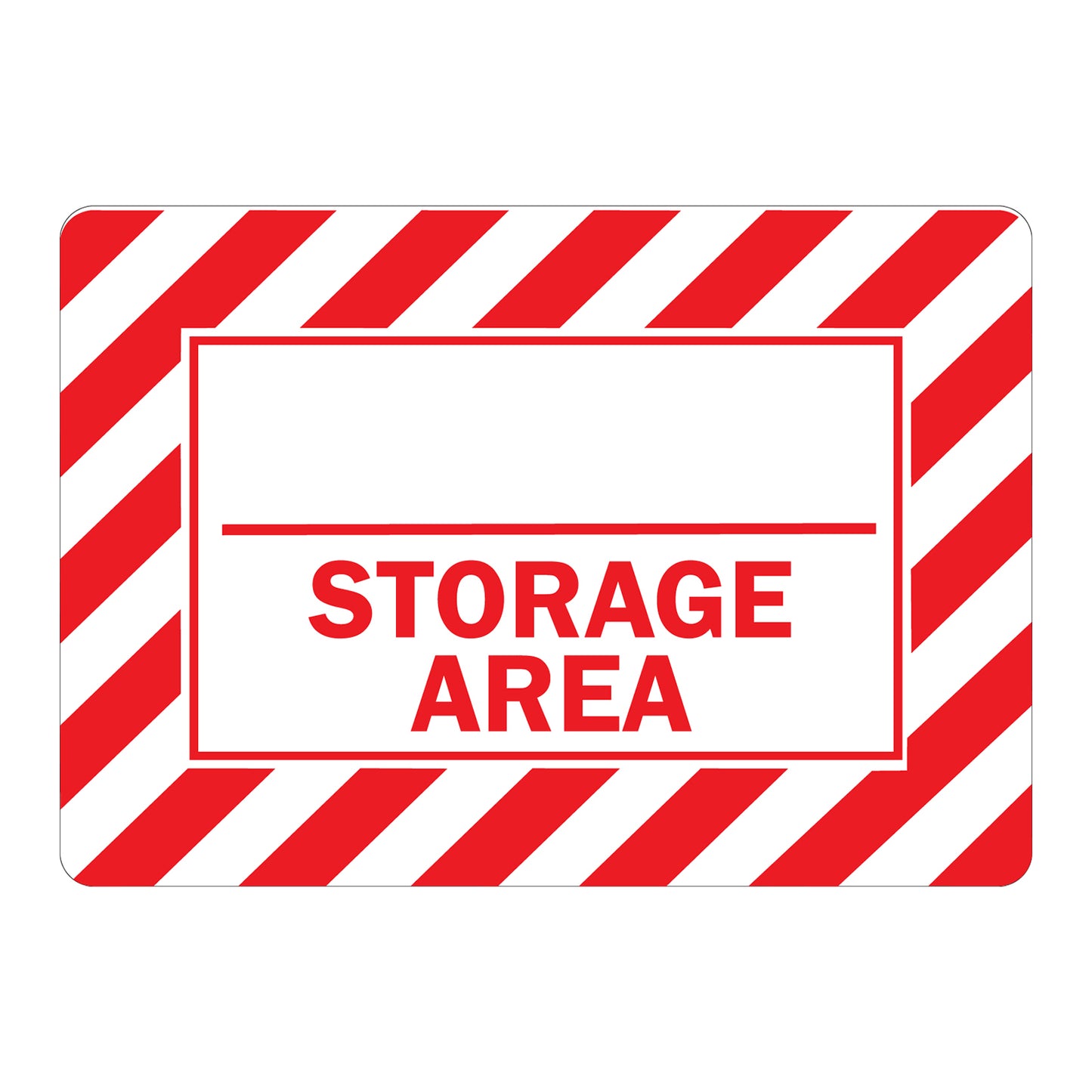 Storage Area Sign Sticker with customizable blank field for labeling designated storage zones, red and white striped hazard border design for industrial, warehouse, and workplace organization