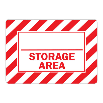 Storage Area Sign Sticker with customizable blank field for labeling designated storage zones, red and white striped hazard border design for industrial, warehouse, and workplace organization