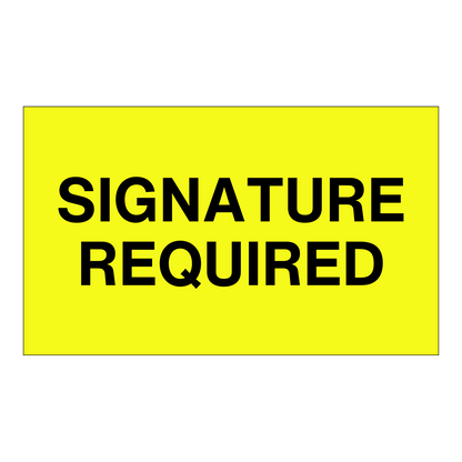 Signature Required - Receiving Labels Label with bold black text on bright yellow background, used to flag shipments that require a signature upon receiving delivery.