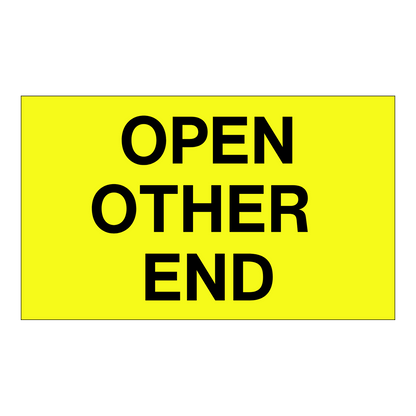 Open Other End - Receiving Labels Label with bold black text on bright yellow background, used to direct handlers to open packages from the opposite end during receiving.