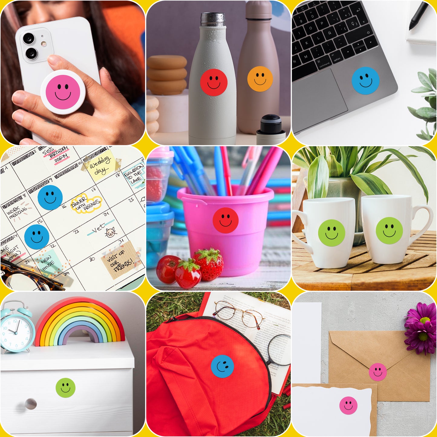 Multi Color Smiley Face - 500 Labels/Roll - 1"x1" / 2"x2" / 3"x3"