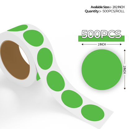 "500pcs Fluorescent Green Dot Labels roll with enlarged sticker preview, round colored dot stickers for inventory organization."