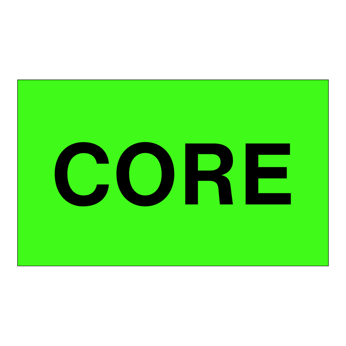 Core - Receiving Labels Label with bold black text on bright green background, used to mark core parts at receiving and warehouse locations for shipping and returns.