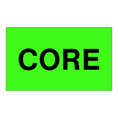 Core - Receiving Labels Label with bold black text on bright green background, used to mark core parts at receiving and warehouse locations for shipping and returns.