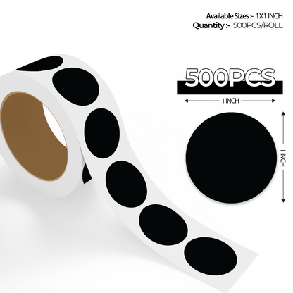 "500pcs Black Dot Labels roll with enlarged sticker preview, round colored dot stickers for inventory organization."