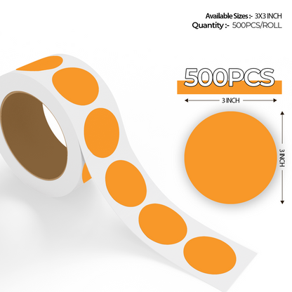 "500pcs Fluorescent Orange Dot Labels roll with enlarged sticker preview, round colored dot stickers for inventory organization."