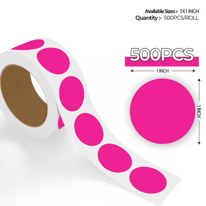 "500pcs Fluorescent Pink Dot Labels roll with enlarged sticker preview, round colored dot stickers for inventory organization."