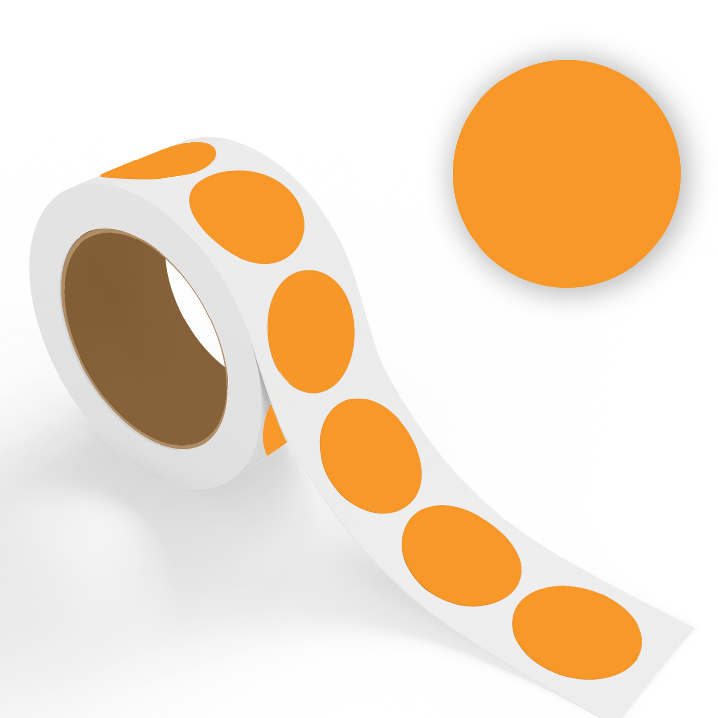 "Fluorescent Orange Dot Labels sticker roll with enlarged circle preview, solid round colored dot stickers on white background."