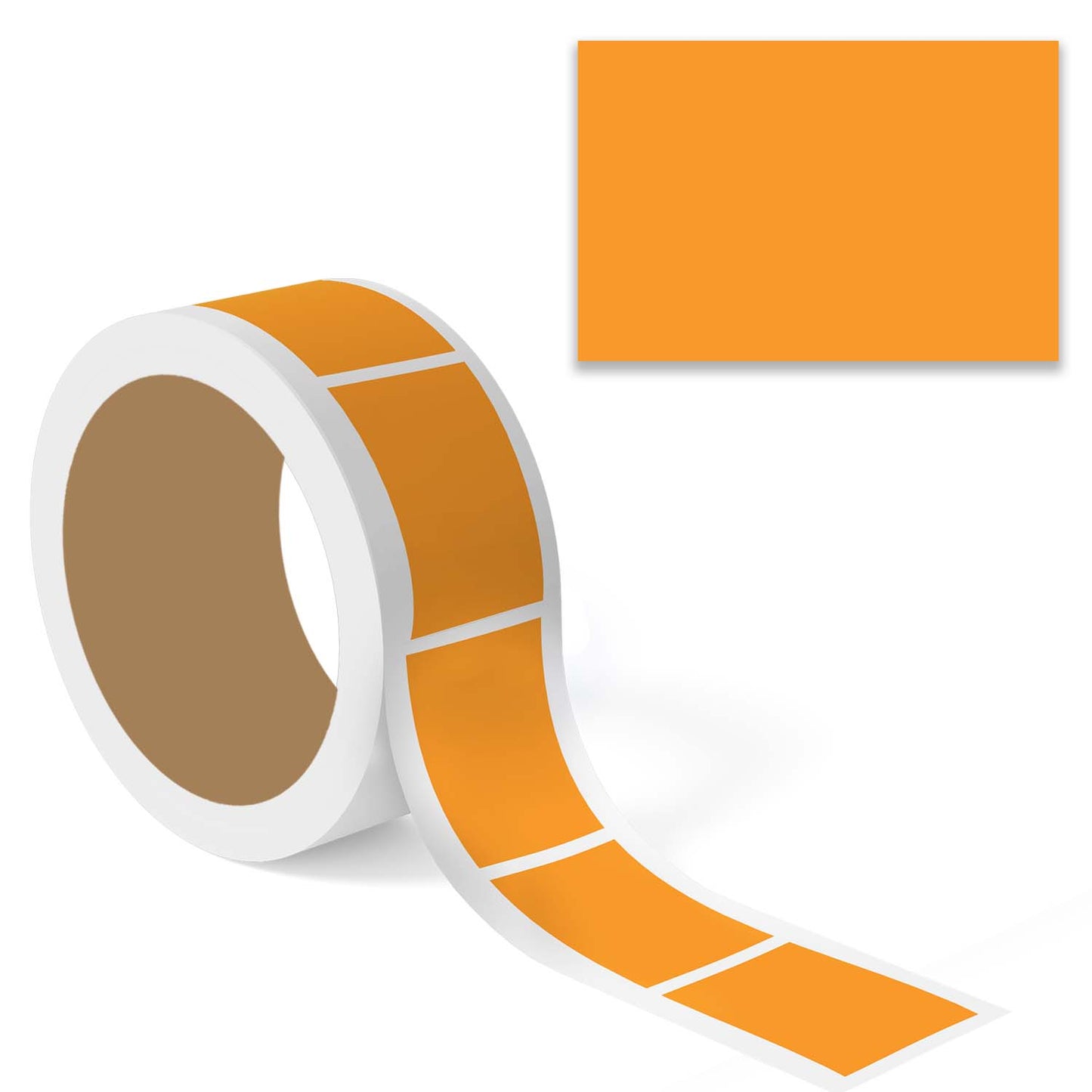 "500pcs Fluorescent Orange Color Code Rectangle Labels roll with enlarged sticker preview, rectangular colored label stickers for inventory organization."