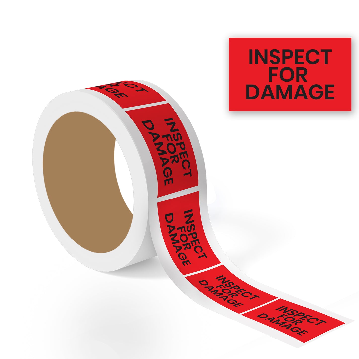 roll of red inspect for damage production labels with bold black text for shipping and receiving quality control