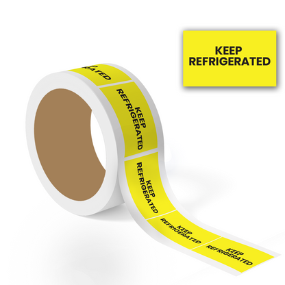 roll of yellow keep refrigerated warning sticker labels with bold black text for shipping and temperature sensitive packaging