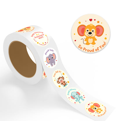 roll of encouraging stickers for kids showing cute cartoon animals with motivational messages including so proud of you great effort you did it and good job