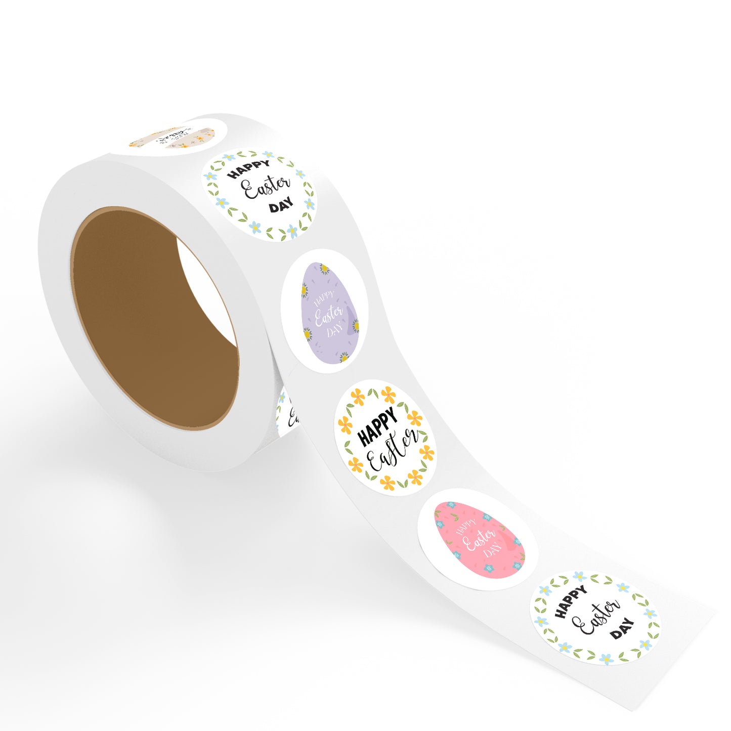 Assorted Happy Easter Day Wreath Design Easter stickers roll featuring pastel colored Easter eggs with green leaf wreath and floral border labels