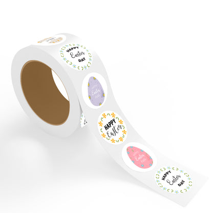 Assorted Happy Easter Day Wreath Design Easter stickers roll featuring pastel colored Easter eggs with green leaf wreath and floral border labels