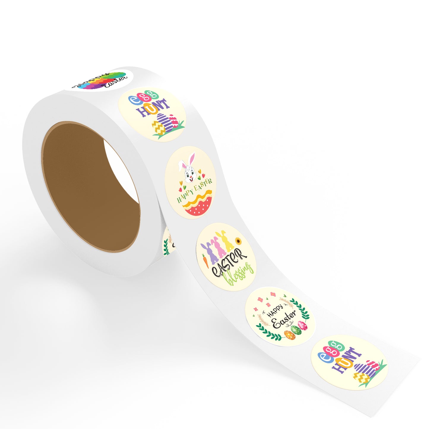 Assorted Happy Easter Egg Hunt Design Easter stickers roll featuring colorful egg hunt text, bunny, Easter blessing and Happy Easter labels on cream background