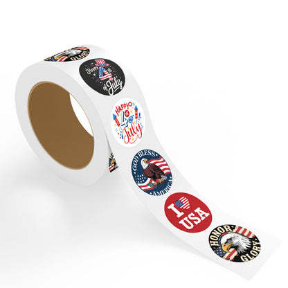 roll of 4th of july stickers featuring patriotic assorted designs including happy 4th of july honor glory god bless america and i love usa round stickers