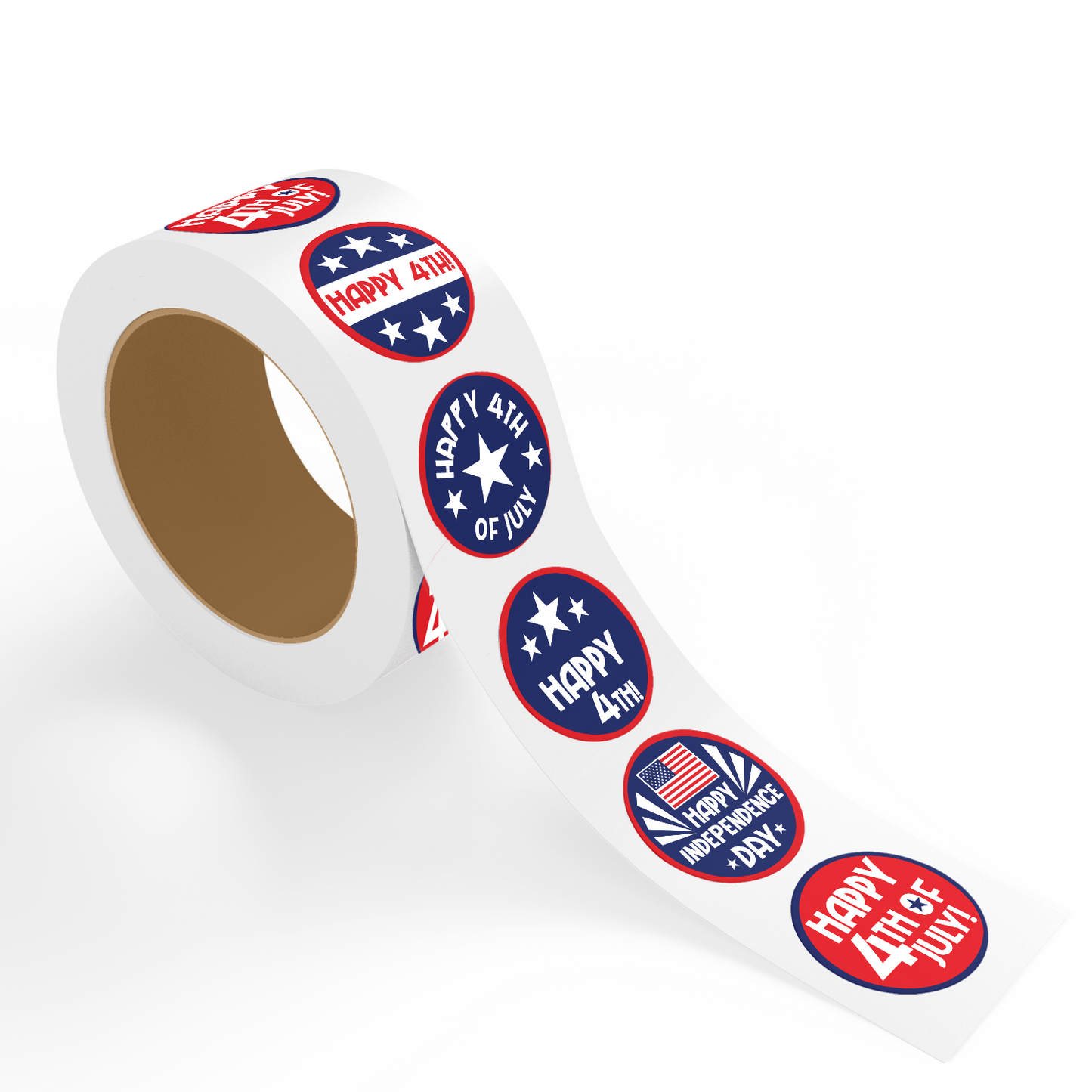 A roll of 4th of July stickers featuring assorted patriotic designs in red, white, and blue, including "Happy 4th of July," "Happy 4th," and "Happy Independence Day" circular stickers, displayed on a white background.