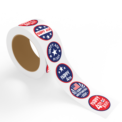 A roll of 4th of July stickers featuring assorted patriotic designs in red, white, and blue, including "Happy 4th of July," "Happy 4th," and "Happy Independence Day" circular stickers, displayed on a white background.