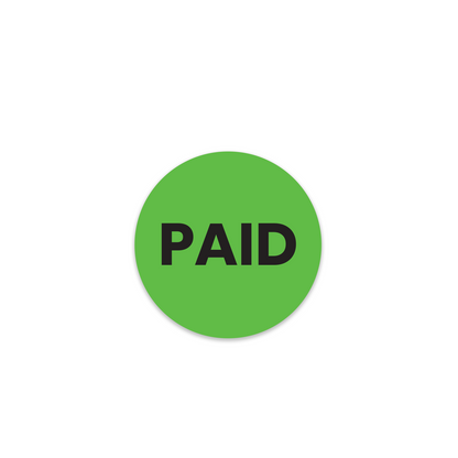 green round paid sticker label with bold black text for retail and business use