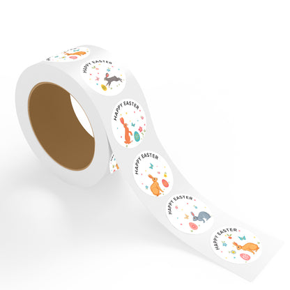 Roll of Easter stickers featuring assorted Happy Easter bunny designs with colorful eggs, butterflies, and flowers on white background.