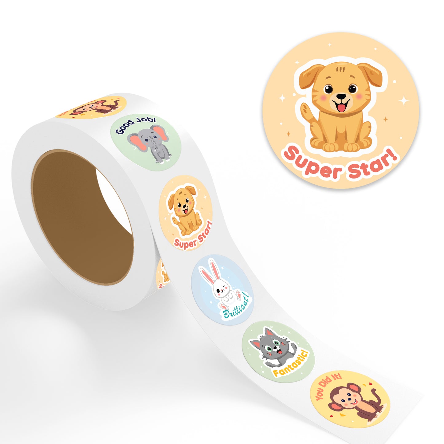 roll of encouraging stickers for kids featuring cute cartoon animals with motivational messages including good job super star brilliant fantastic and you did it