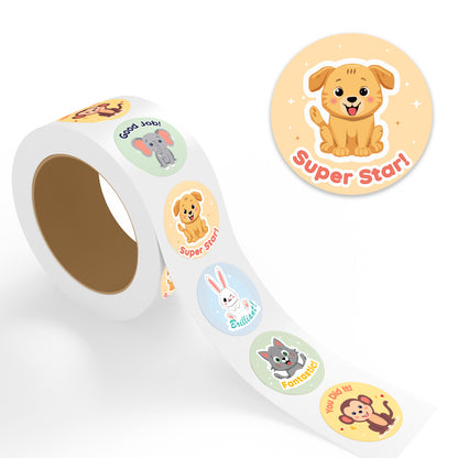 roll of encouraging stickers for kids featuring cute cartoon animals with motivational messages including good job super star brilliant fantastic and you did it