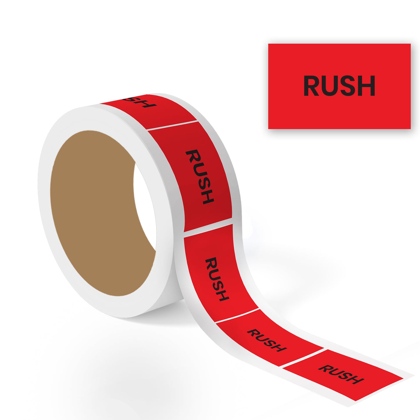 roll of red rush production labels with bold black text for urgent shipping and priority order fulfillment