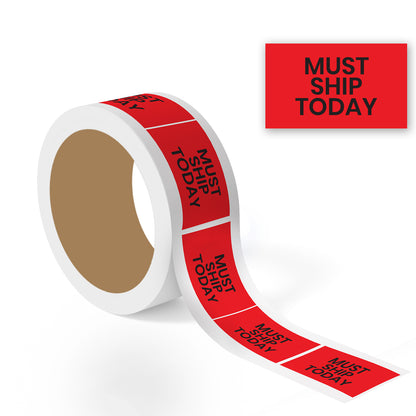 roll of red must ship today production labels with bold black text for urgent shipping and priority order fulfillment