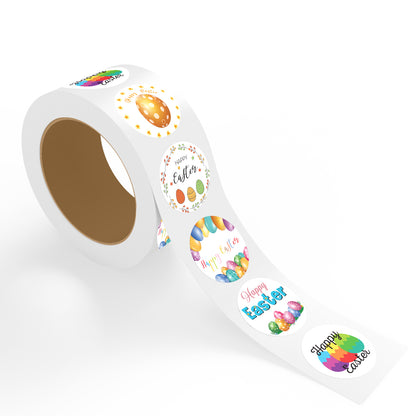 "Roll of Easter stickers featuring assorted Happy Easter colorful eggs designs with vibrant patterns and festive text on white background."