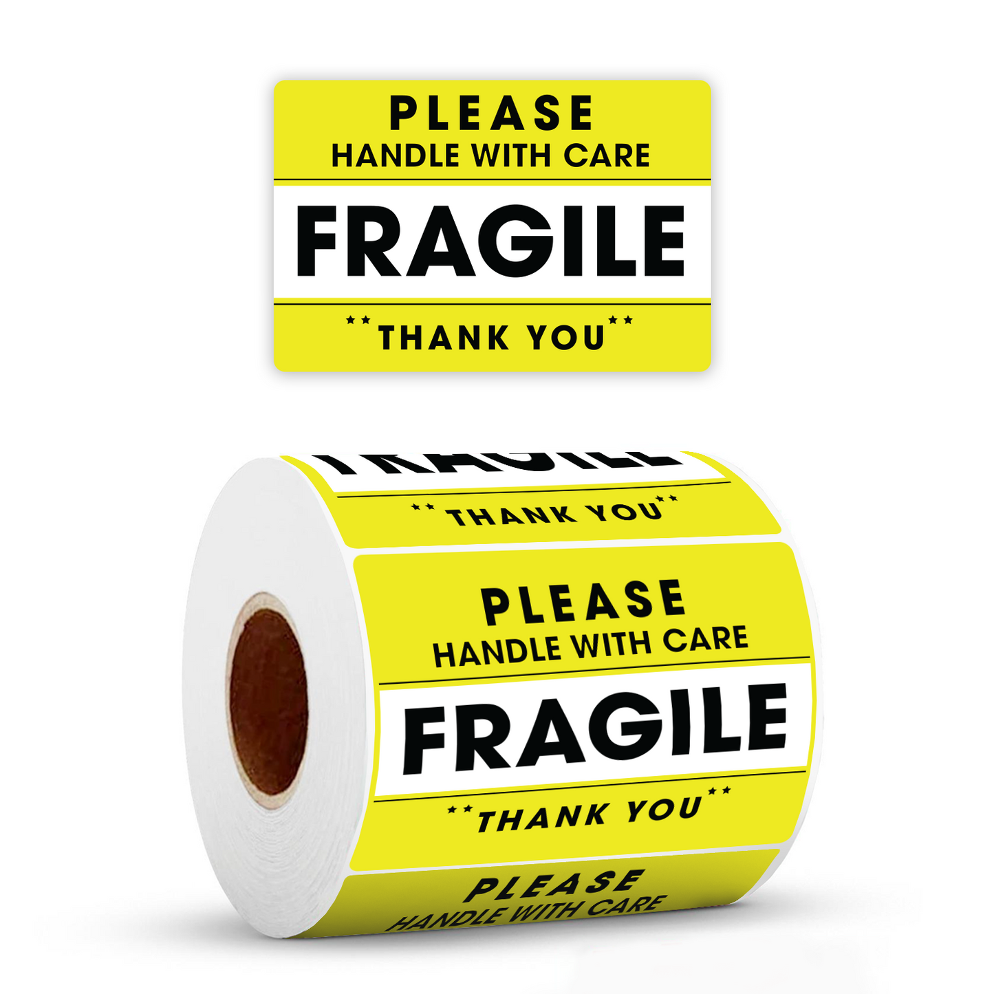 "Yellow Fragile Handle With Care stickers roll showing 'Please Handle With Care – Fragile – Thank You' label design on white background."
