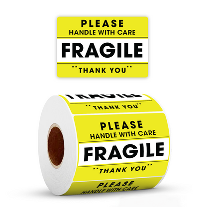 "Yellow Fragile Handle With Care stickers roll showing 'Please Handle With Care – Fragile – Thank You' label design on white background."