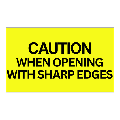 Caution When Opening With Sharp Edges (Rectangle) - Receiving Labels Label with bold black text on bright yellow background, warns of sharp edges when opening package.