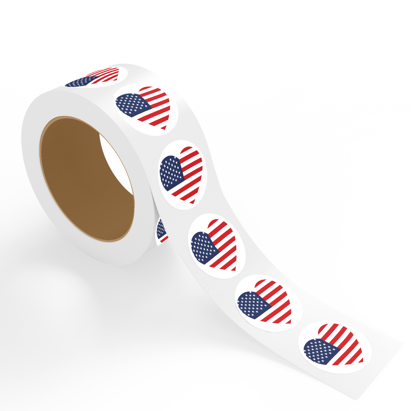 "Roll of 4th of July stickers featuring USA flag heart design in red, white, and blue patriotic pattern on white background."