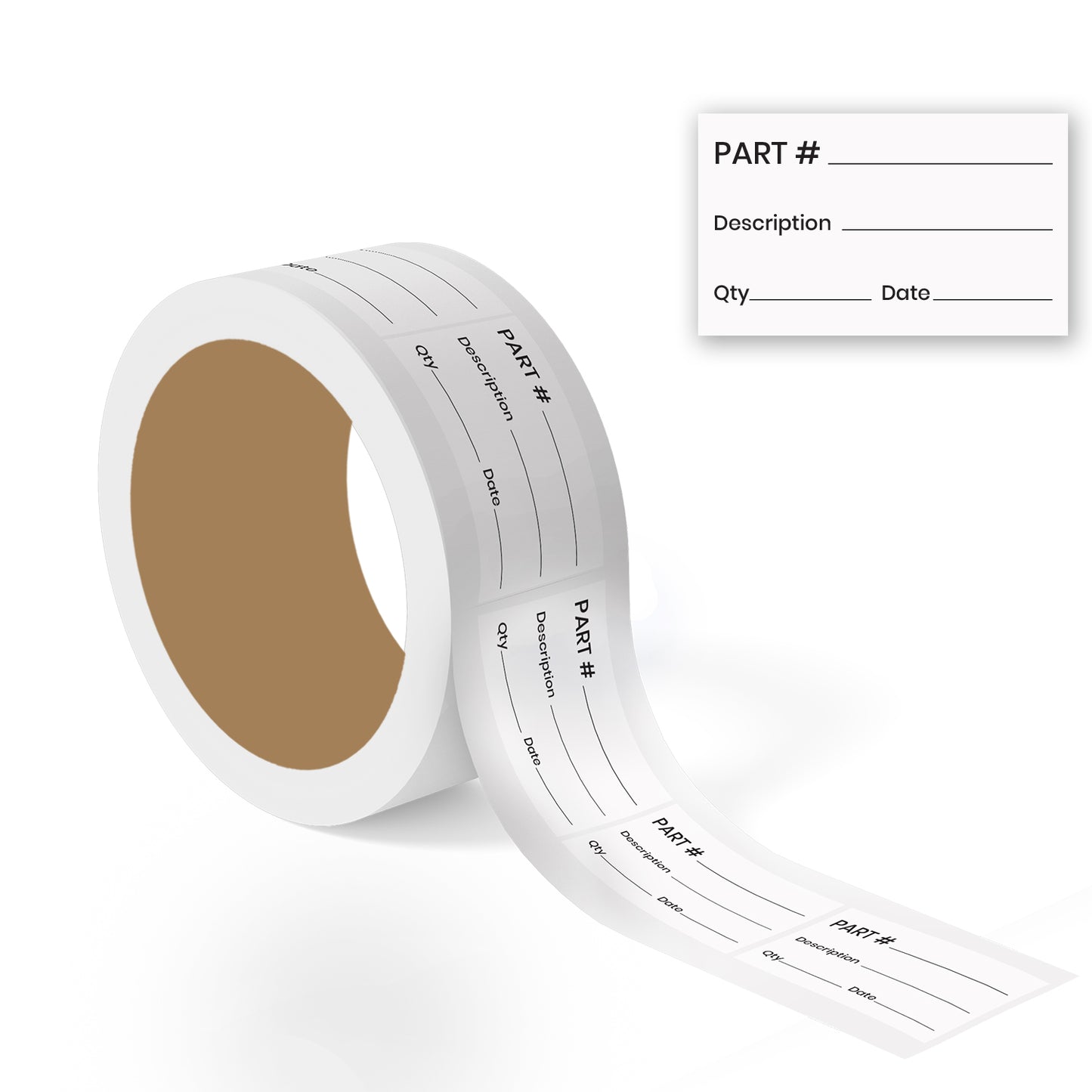 roll of white blank part number production labels with write-in fields for description quantity and date for inventory and parts tracking