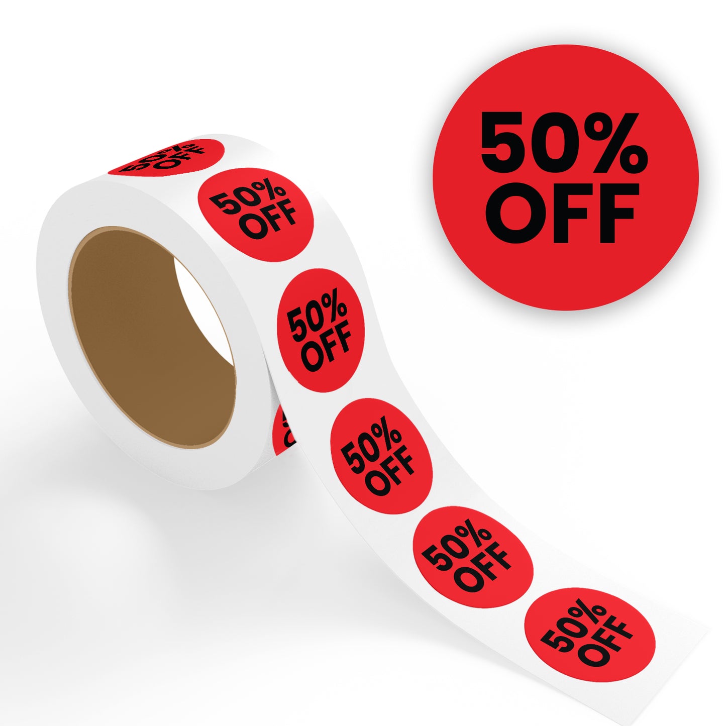 roll of red round 50% off retail price sticker labels with closeup showing bold black text discount dot stickers for store sales