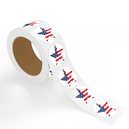 "Roll of 4th of July stickers featuring USA flag star design in bold red, white, and blue patriotic pattern on white background."