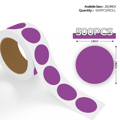 "500pcs Purple Dot Labels roll with enlarged sticker preview, round colored dot stickers for inventory organization."