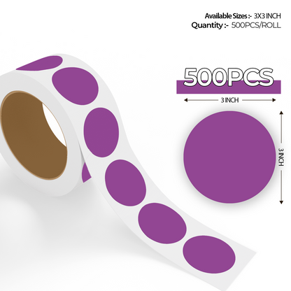 "500pcs Purple Dot Labels roll with enlarged sticker preview, round colored dot stickers for inventory organization."