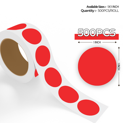 "500pcs Red Dot Labels roll with enlarged sticker preview, round colored dot stickers for inventory organization."