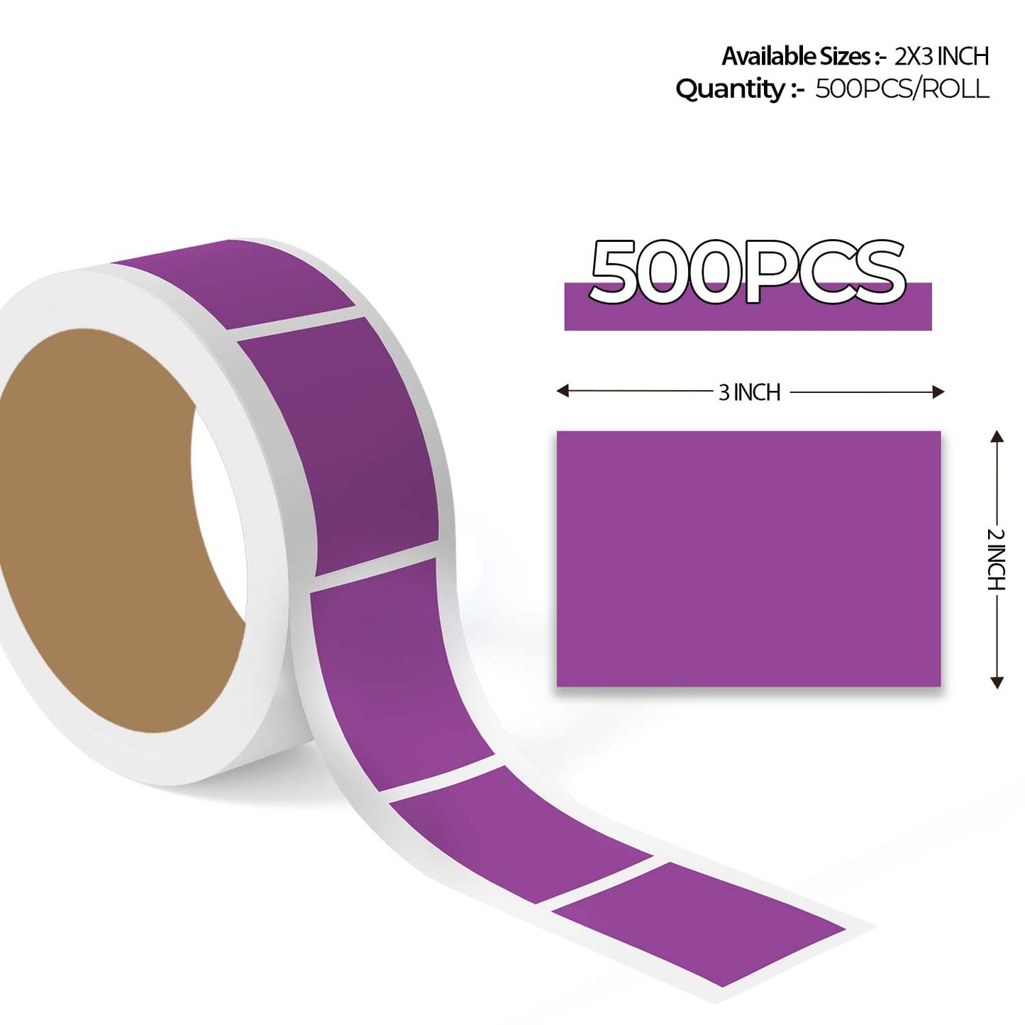"500pcs Purple Color Code Rectangle Labels roll with enlarged sticker preview, rectangular colored label stickers for inventory organization."
