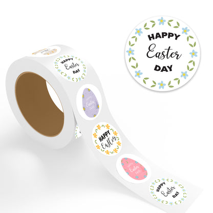 Assorted Happy Easter Day Wreath Design Easter stickers roll showing blue flower and green leaf wreath border with pastel Easter egg label designs on white background