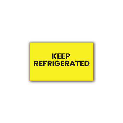 yellow rectangular keep refrigerated warning sticker label with bold black text for shipping and cold storage packaging